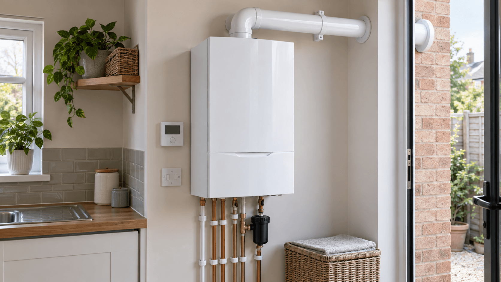 Illustration of an existing boiler, flue and pipework checked before planning a heat pump installation