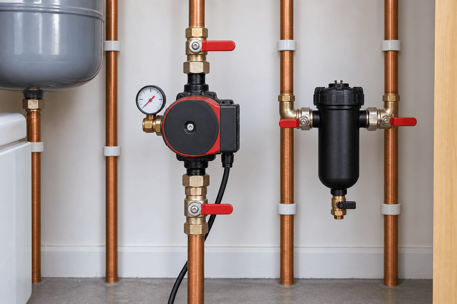 Illustration of a heating circulation pump, system filter and pressure gauge for heat pump servicing checks