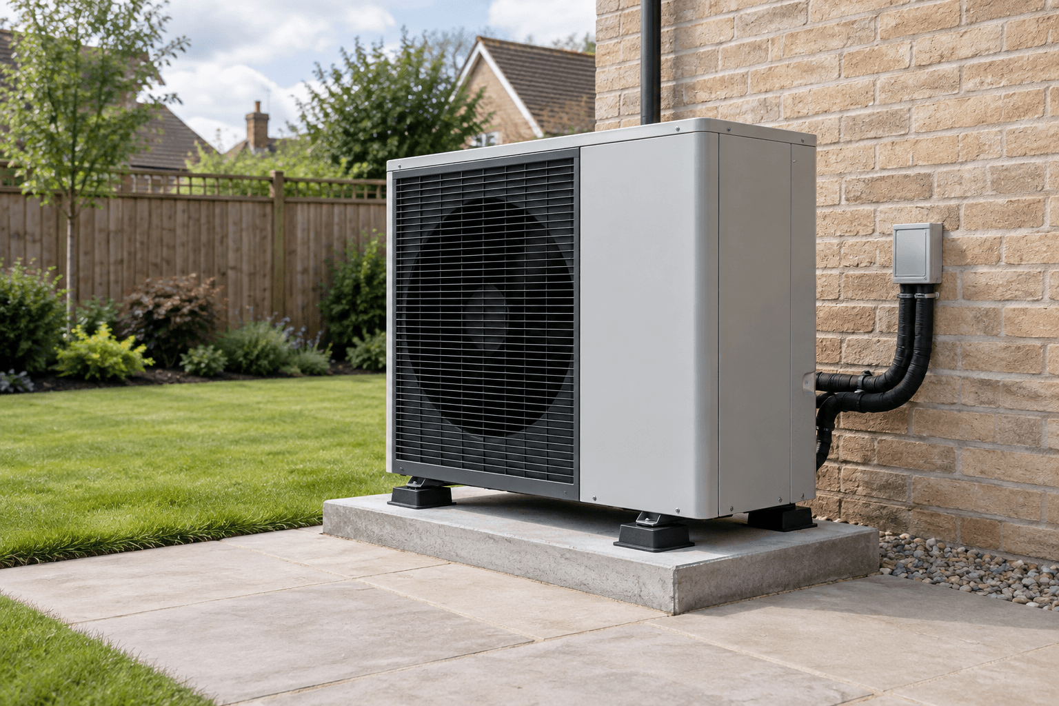 Illustration of a heat pump on vibration-isolating supports with clear garden space and insulated pipework
