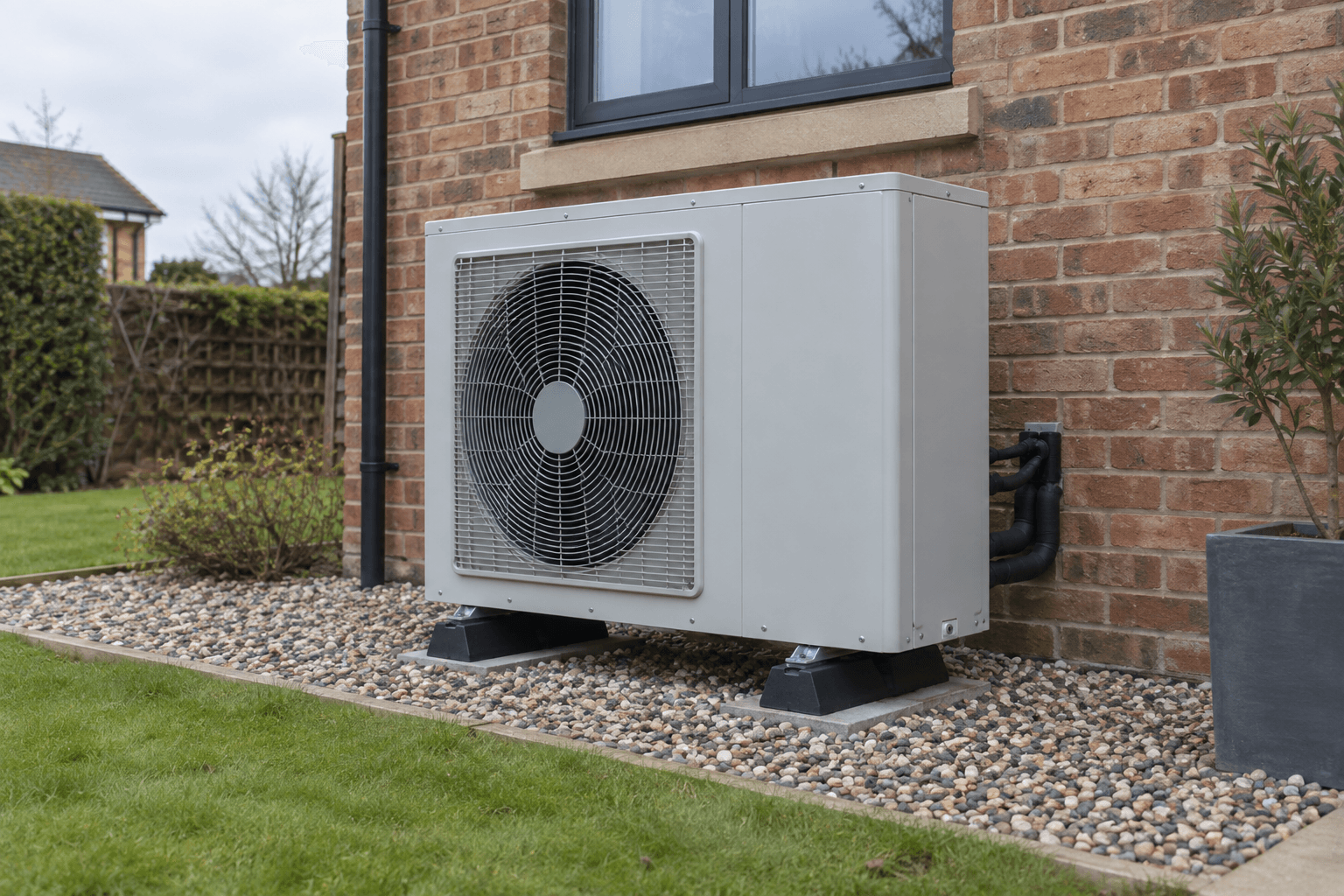 Illustration of a heat pump outdoor unit on raised supports with clear airflow and gravel drainage
