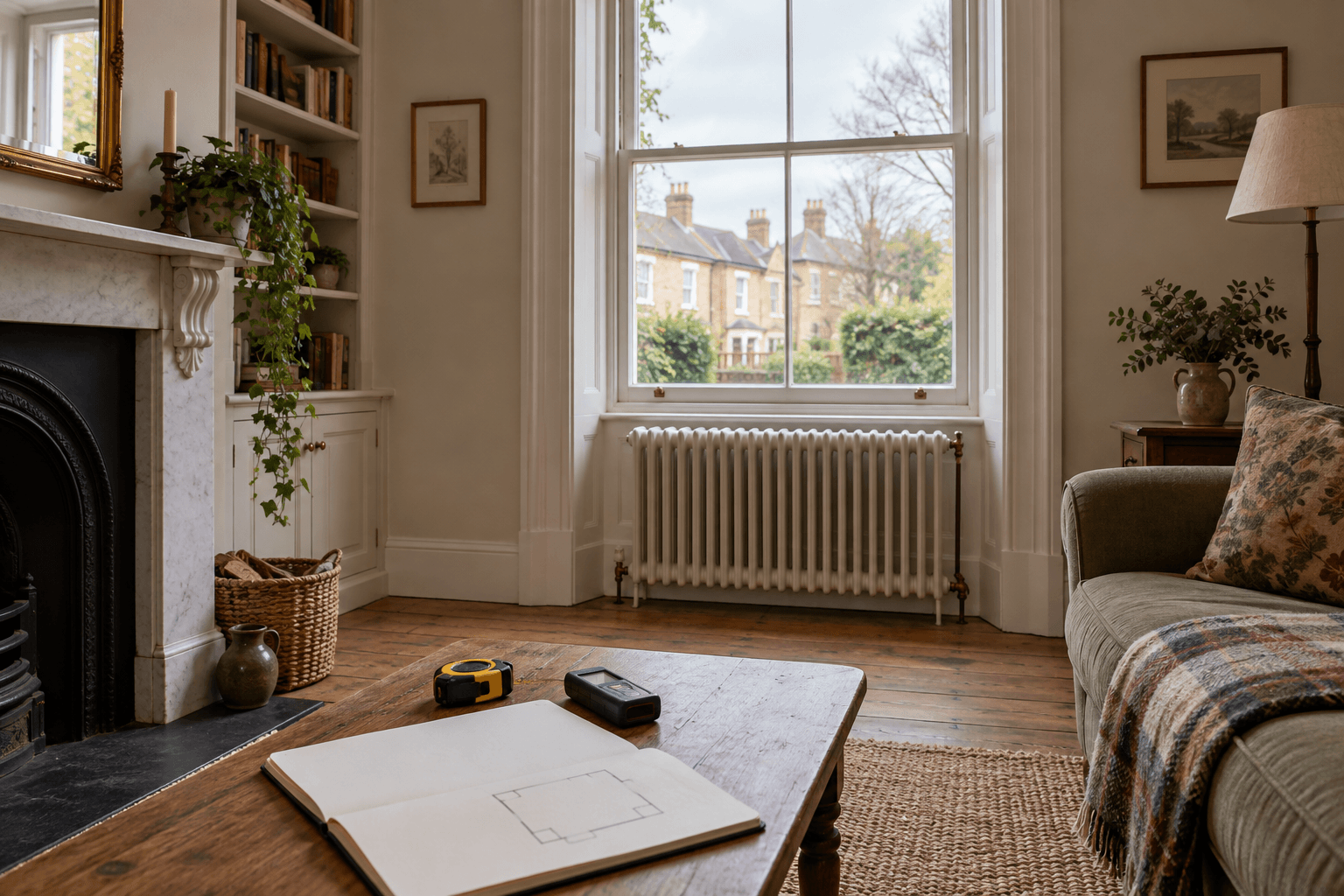 Illustration of an older room with a sash window, radiator and measuring tools for a heating compatibility survey