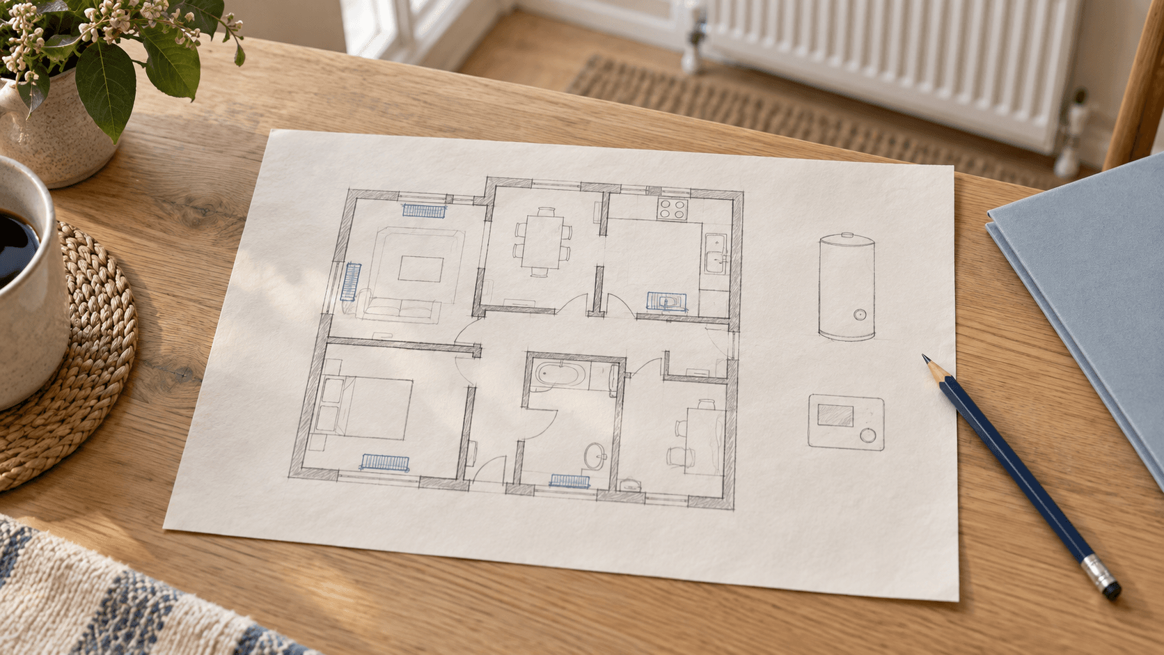 Illustration of a one-page heating-system map with room radiators, a cylinder sketch and thermostat before a heat-pump quote.